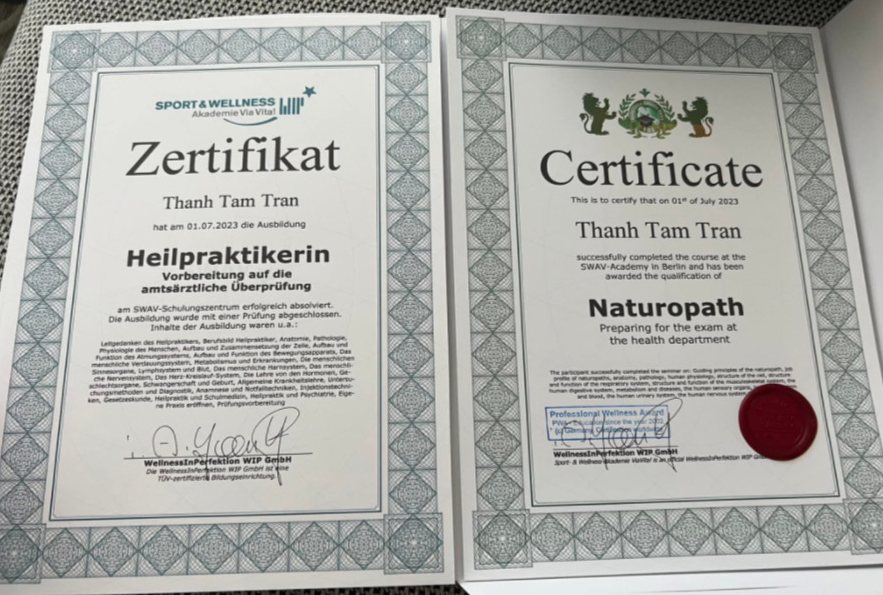 Chứng chỉ Heilpraktikerin và Naturopath của Thanh Tam Tran