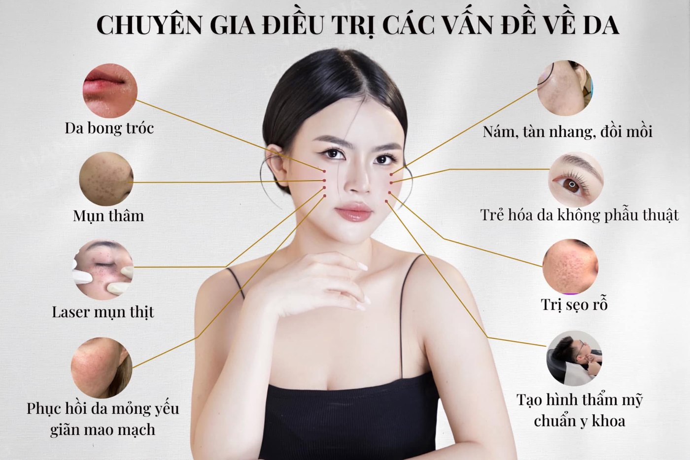 Hanna điều trị các vấn đề về da: da bong tróc, mụn thâm, laser mụn thịt, phục hồi da mỏng yếu giãn mao mạch, nám tàn nhang đồi mồi, trẻ hoá da không phẫu thuật, trị sẹo rỗ, tạo hình thẩm mỹ