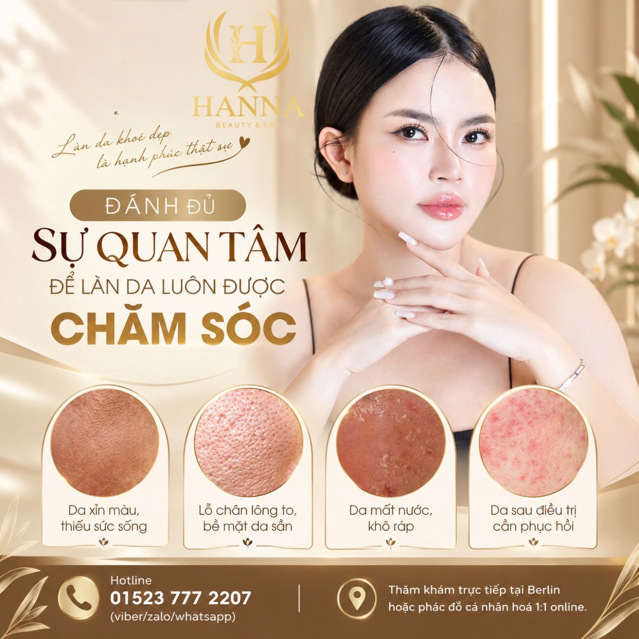 Poster chăm sóc da: da xỉn màu, lỗ chân lông to, da mất nước, da sau điều trị