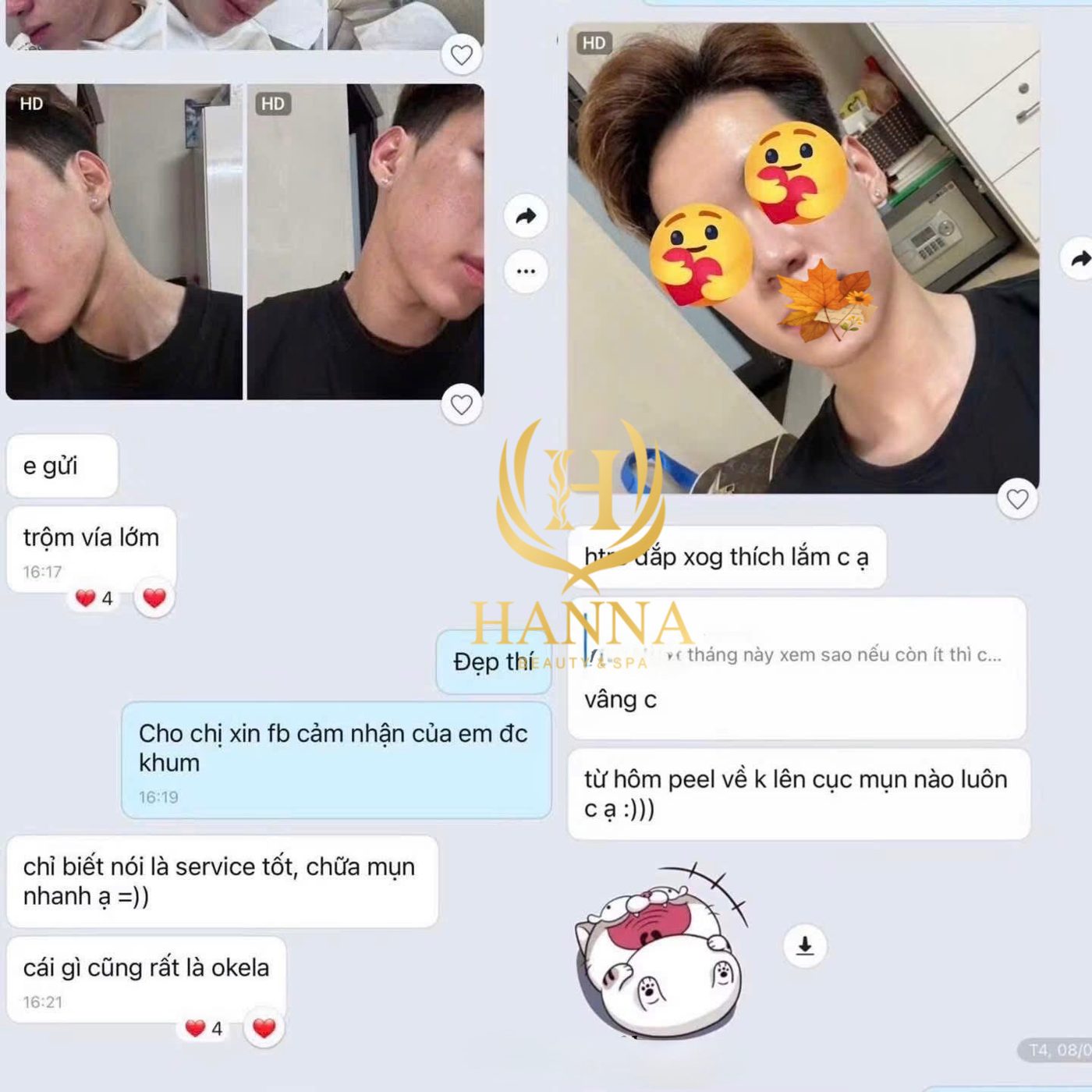 Ảnh chụp tin nhắn khách hàng gửi ảnh da sau liệu trình và chia sẻ cảm nhận