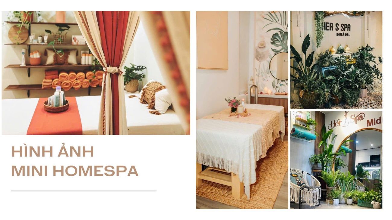 Hình ảnh Mini HomeSpa: phòng trị liệu rèm đỏ, giường gỗ, góc cây xanh Her S Spa